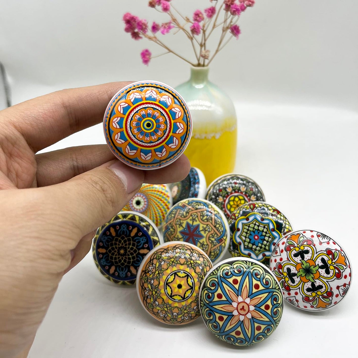 YOUYOUULU Bohemian Ceramic Knobs - 10Pcs Round Porcelain Knobs - Exquisite Ceramic Bohemian Handles - Bohemian Style Cabinet Knobs