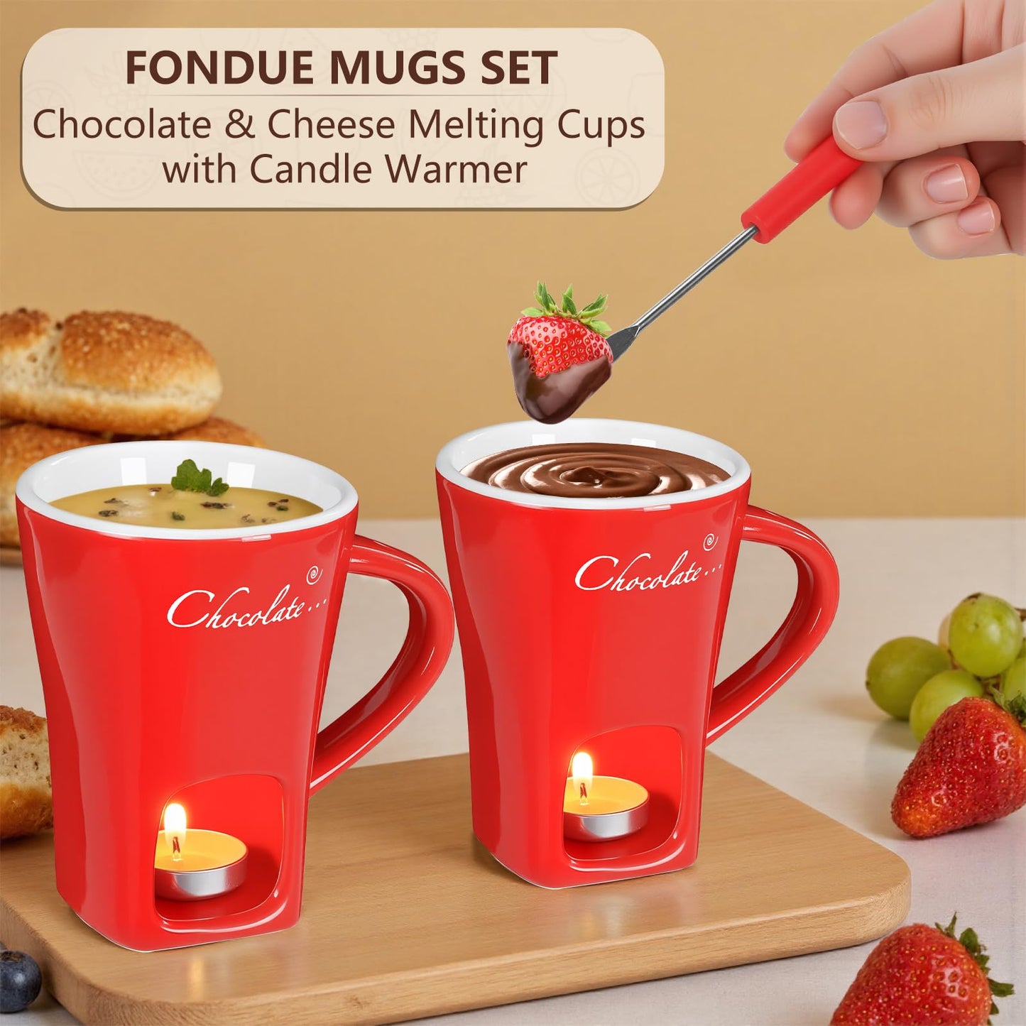 Fondue Pot Cup Set, Chocolate Melting Fondue Mugs 2 Pack with 4 Forks & 8 Tealights, Mini Red Ceramic Fondue Set for Cheese, Marshmallows, Sweet Fondue Cup for Date Night Party Wedding or Holiday Gift