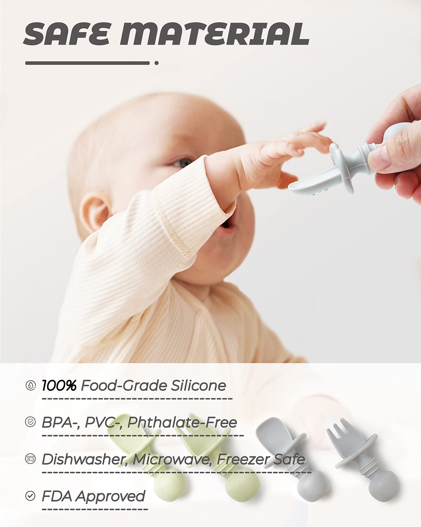DF DUALFERV 4 Pcs Baby Spoons Self Feeding 6 Months, Silicone Baby Spoons First Stage and Baby Fork, Toddler Utensils for Baby Led Weaning with 2 Cases (Green, Grey)