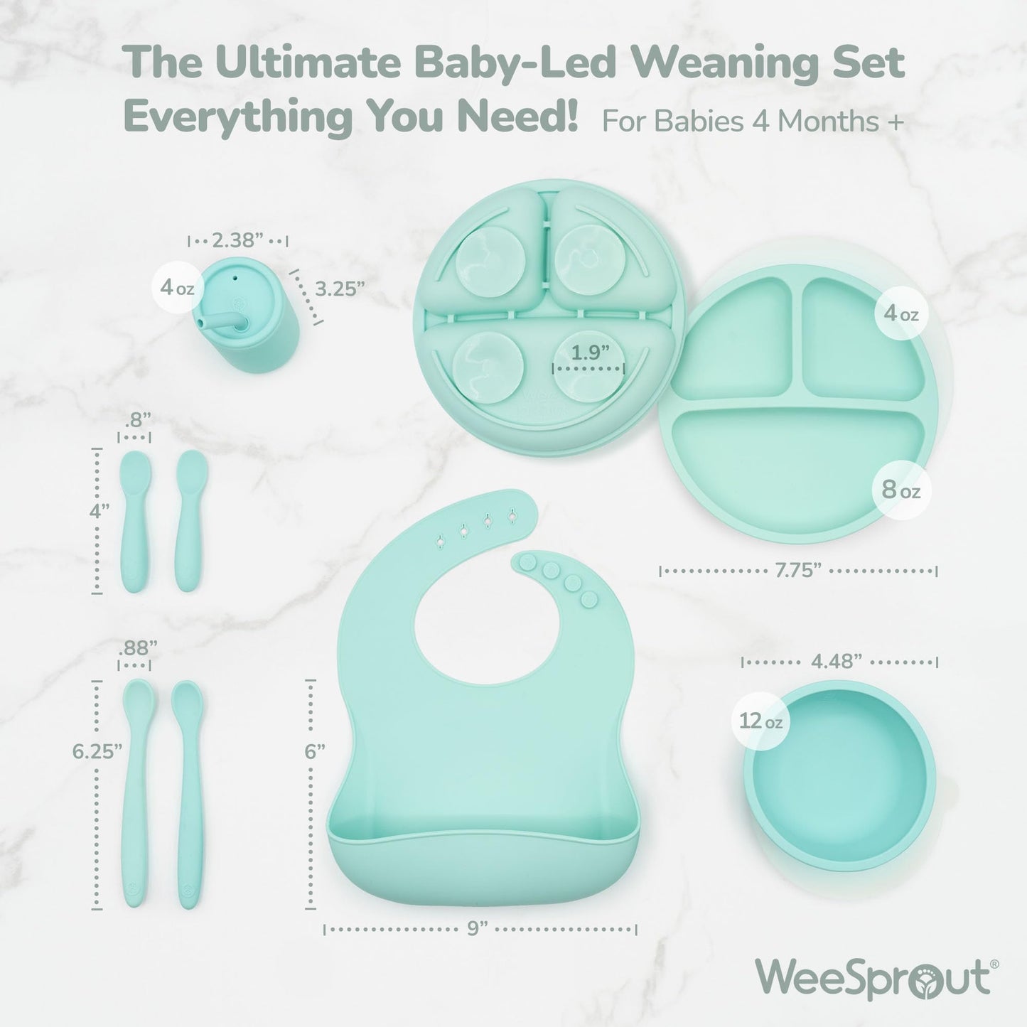 WeeSprout Baby Led Weaning Bundle, Silicone Suction Bowl, Spoons, Bib & Cup, Develops Self Feeding Skills, Dishwasher Safe (Mint)