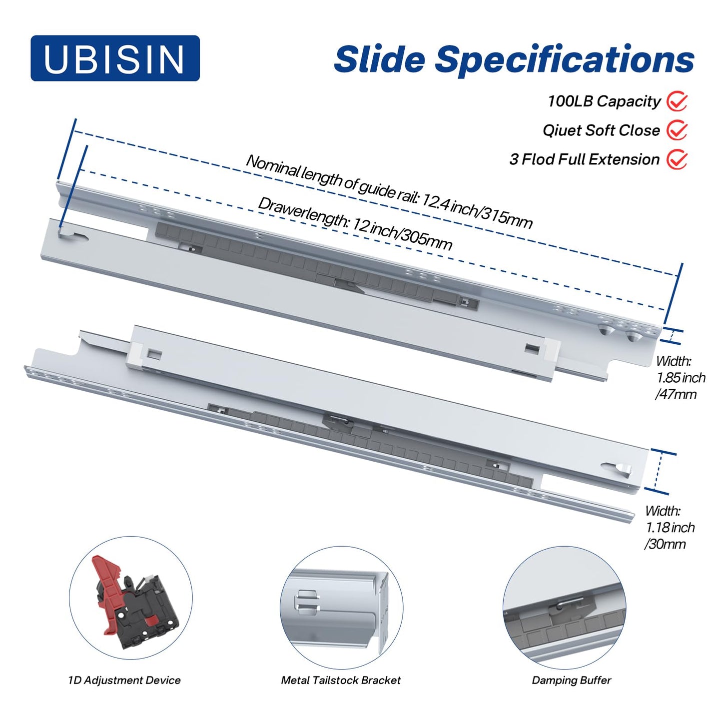 Ubisin Undermount Drawer Slides 12 Inch 1 Pair, Soft Close Full Extension Drawer Slides Bottom Mount with Rear Mounting Bracket and Locking Devices, Hidden Under Mount Tracks 100lb Load Capacity
