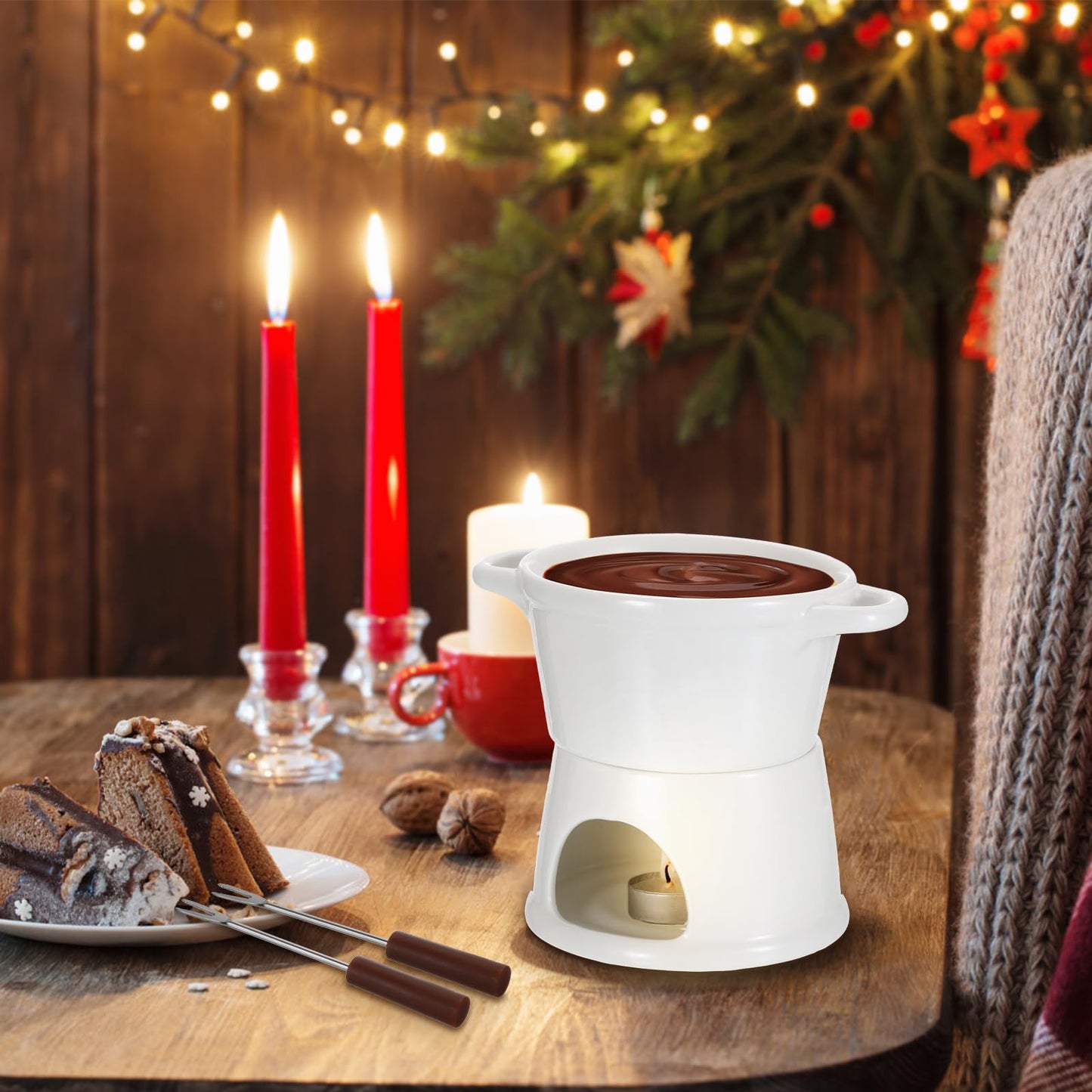 BSTKEY 300ML Ceramic Butter Warmer Set with 2 Forks, White Fondue Pot Melting Pot Set, Melt Hot Pot Bowl Set for Cheese Chocolate Butter Caramel