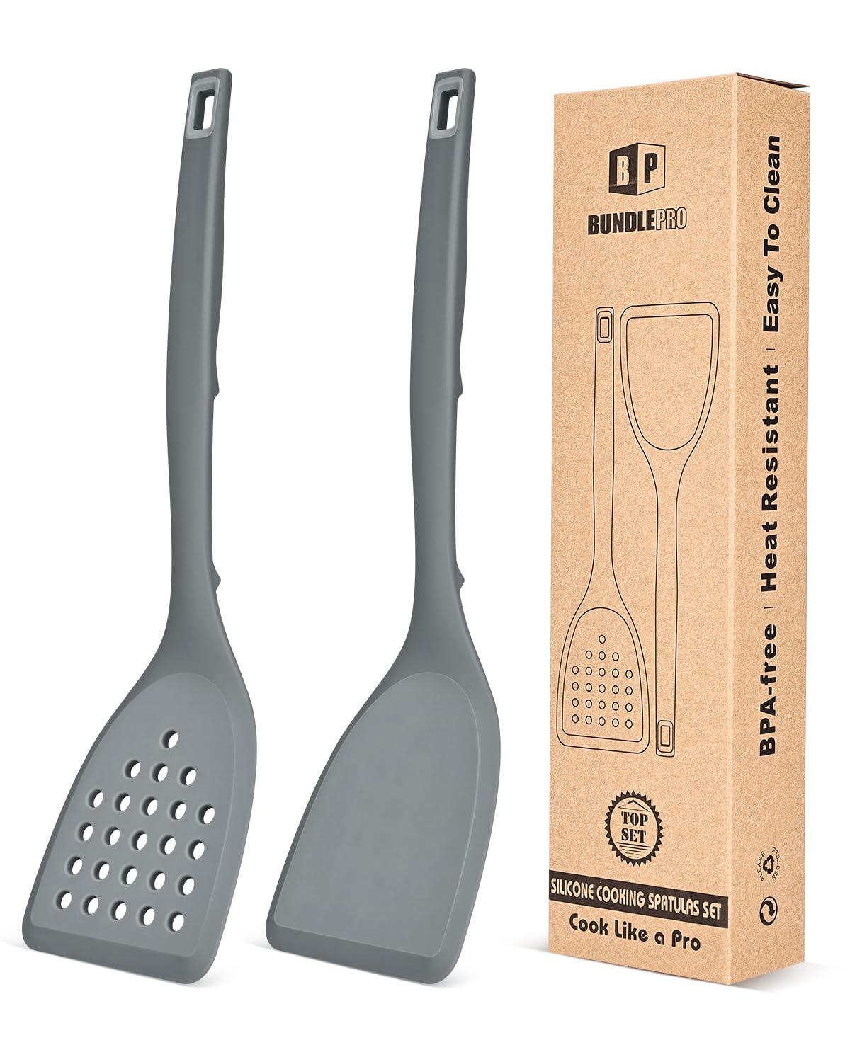 Pack of 2 Silicone Spatula Turner, Non Stick Kitchen Spatulas Set with Back Hooks, Heat Resistant BPA Free Kitchen Utensils, Suitable for Flipping Fish, Eggs, Steak, Pancakes(GRAY)