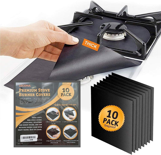 10 pack, gas stove protector, stove burner liners, stovetop range protectors, set top burner covers black, size 10.6” x 10.6” non stick reusable cover easy to clean, double thickness