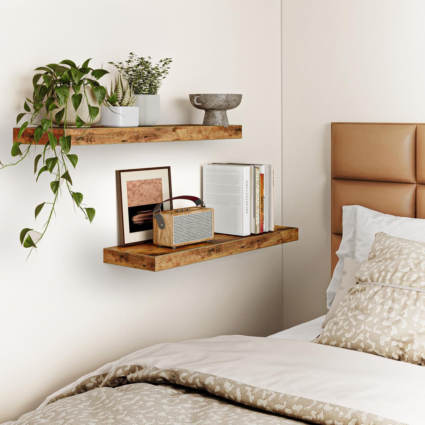 Fixwal Wood Floating Shelves for Wall, 22" Long Wall Mounted Shelves for Living Room, Bedroom, Bathroom and Kitchen, Wall Shelves for Storage, Books, Room Decor (Rustic Brown, Set of 2)
