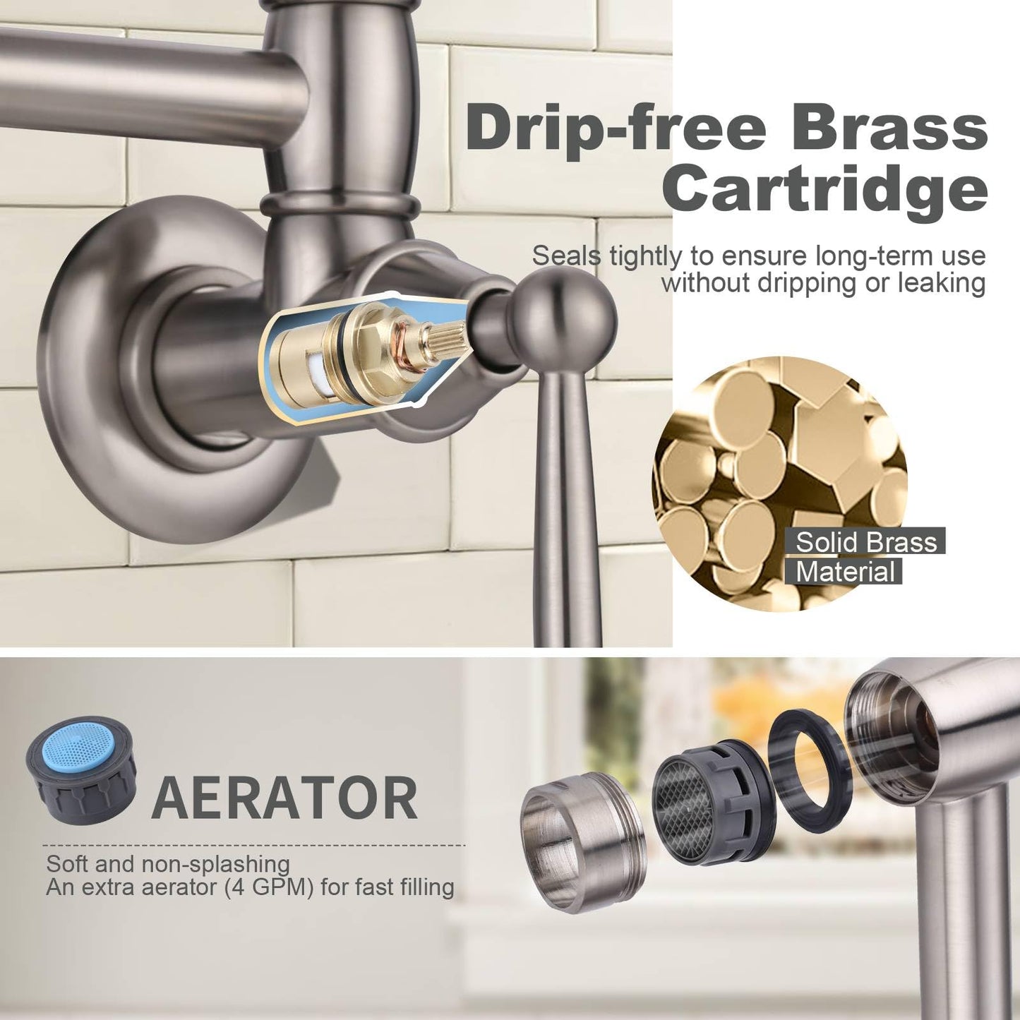Pot Filler Faucet Brushed Nickel, ARCORA Modern Pot Filler Wall Mount 2 Handle with Double Joint Swing Arms Brass Stove Faucet