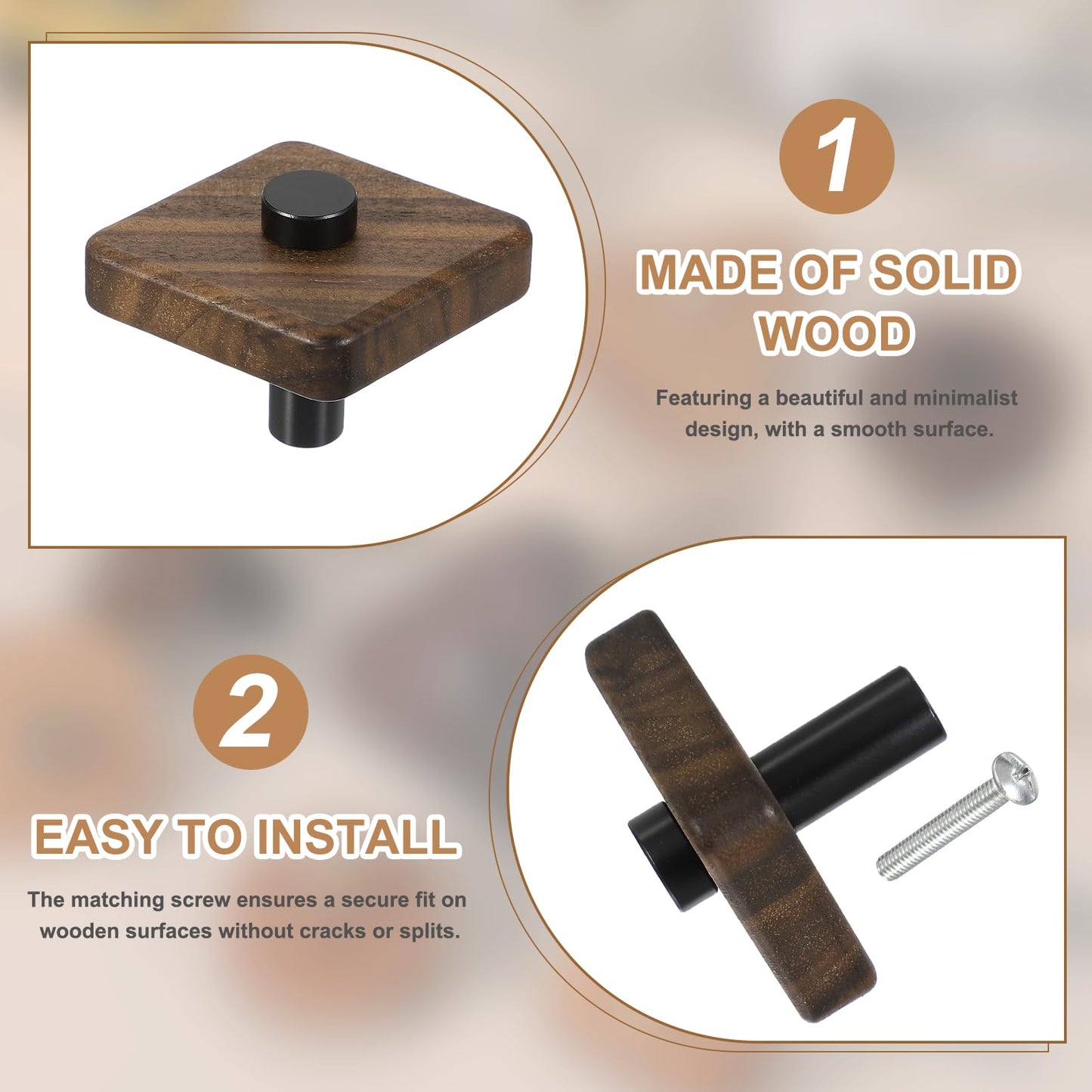 uxcell 6 Pcs Wood Cabinet Knobs, 2.2 Inch Rhombic Single Hole Wooden Drawer Knobs Mushroom Shape Handle Pulls with Screws for Furniture Closet Dresser, Black Wood Color