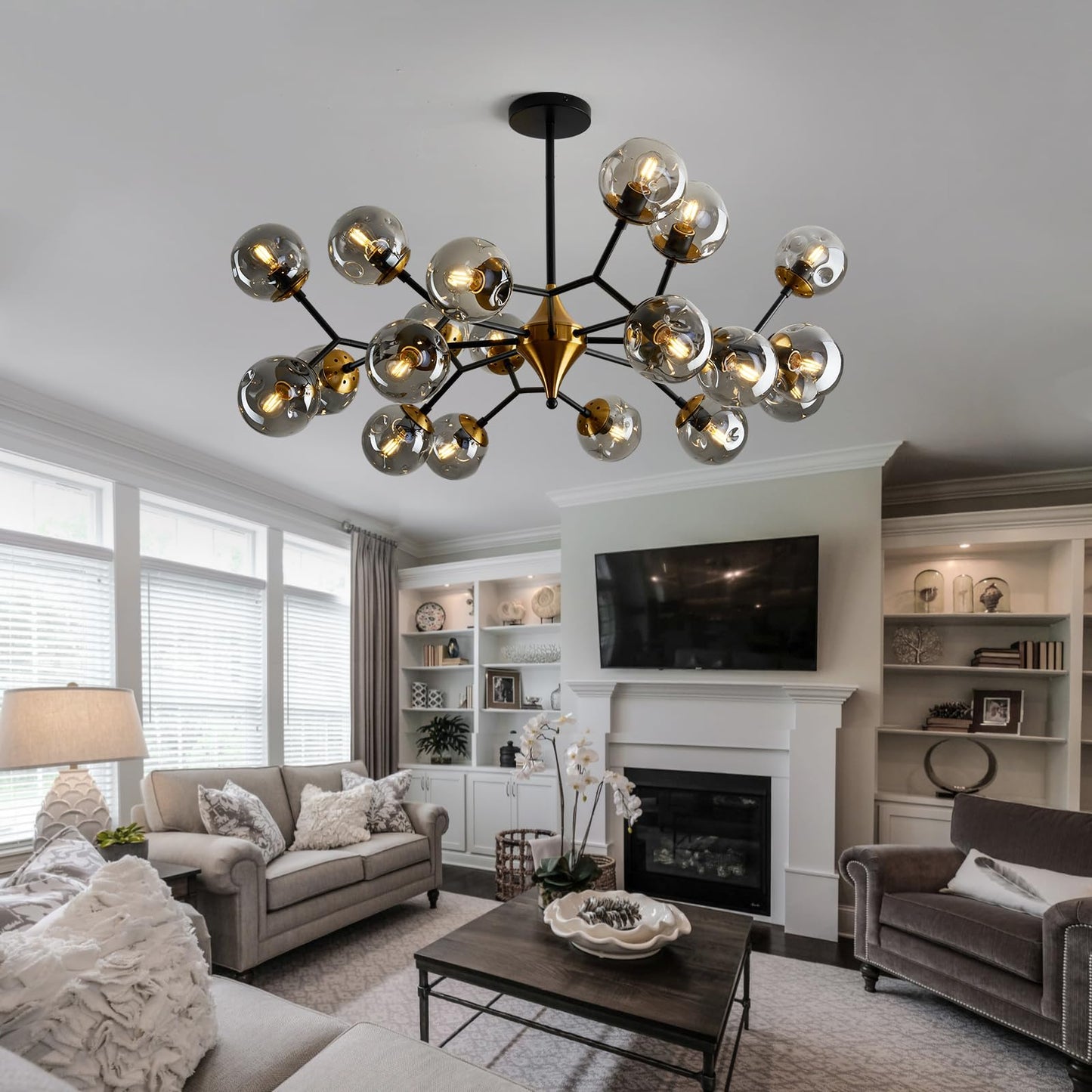hesoge 20 Light Extra Large Sputnik Chandelier Mid Century Modern Black and Gold Ceiling Light Fixture with Glass Globe Pendant Light Hanging for Dining Room Kitchen Living Room Foyer.