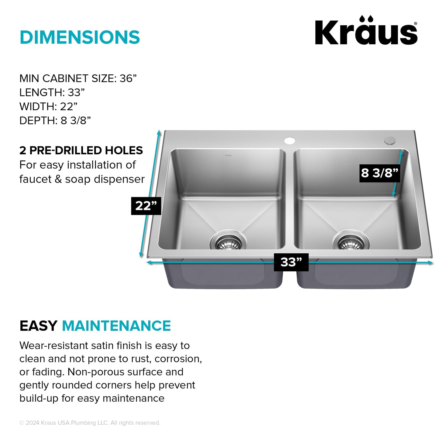 KRAUS Fairlane 33-inch Drop In/Top Mount Double Bowl 18-Gauge Stainless Steel Kitchen Sink, KHT632-33