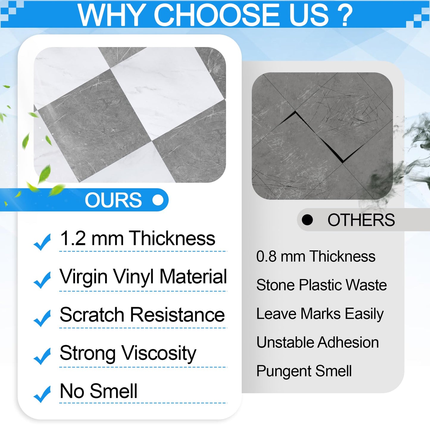 Tottist 30-Pack 12x12 Inch Peel and Stick Vinyl Floor Tiles, Self Adhesive Waterproof Flooring Planks for Kitchen, Dining Room,Bathroom,Vestibule, Cover 30 Sq. Ft(Grey/White Marble,15 Tiles Per Color)