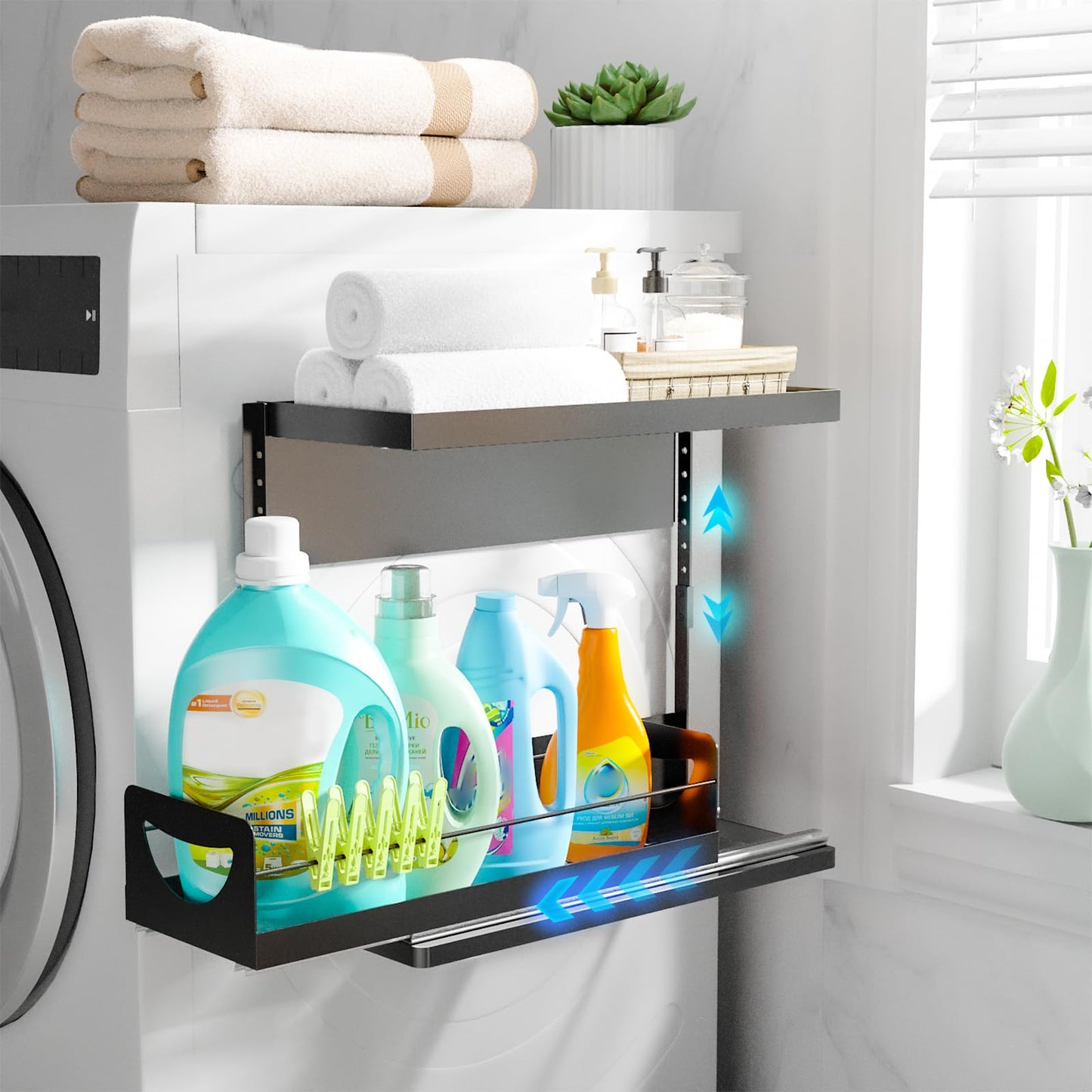 Heavy-Duty Magnetic Shelf With Pull-Out Drawers for Washing Machines, Dryers and Fridge; Height-adjustable Magnetic Shelf, Ideal for Storage in Laundry Rooms, Kitchens, and Living Rooms (Black)