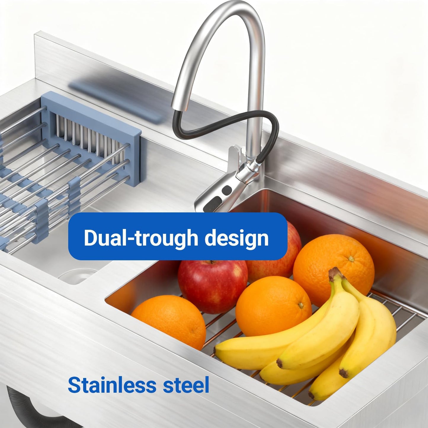 Stainless Steel Utility Double Bowl Sink with Faucet ，Drainboard & Lower Shelf - Heavy Duty Kitchen Prep & Cleaning Station for Restaurant, Garage, Laundry Room.
