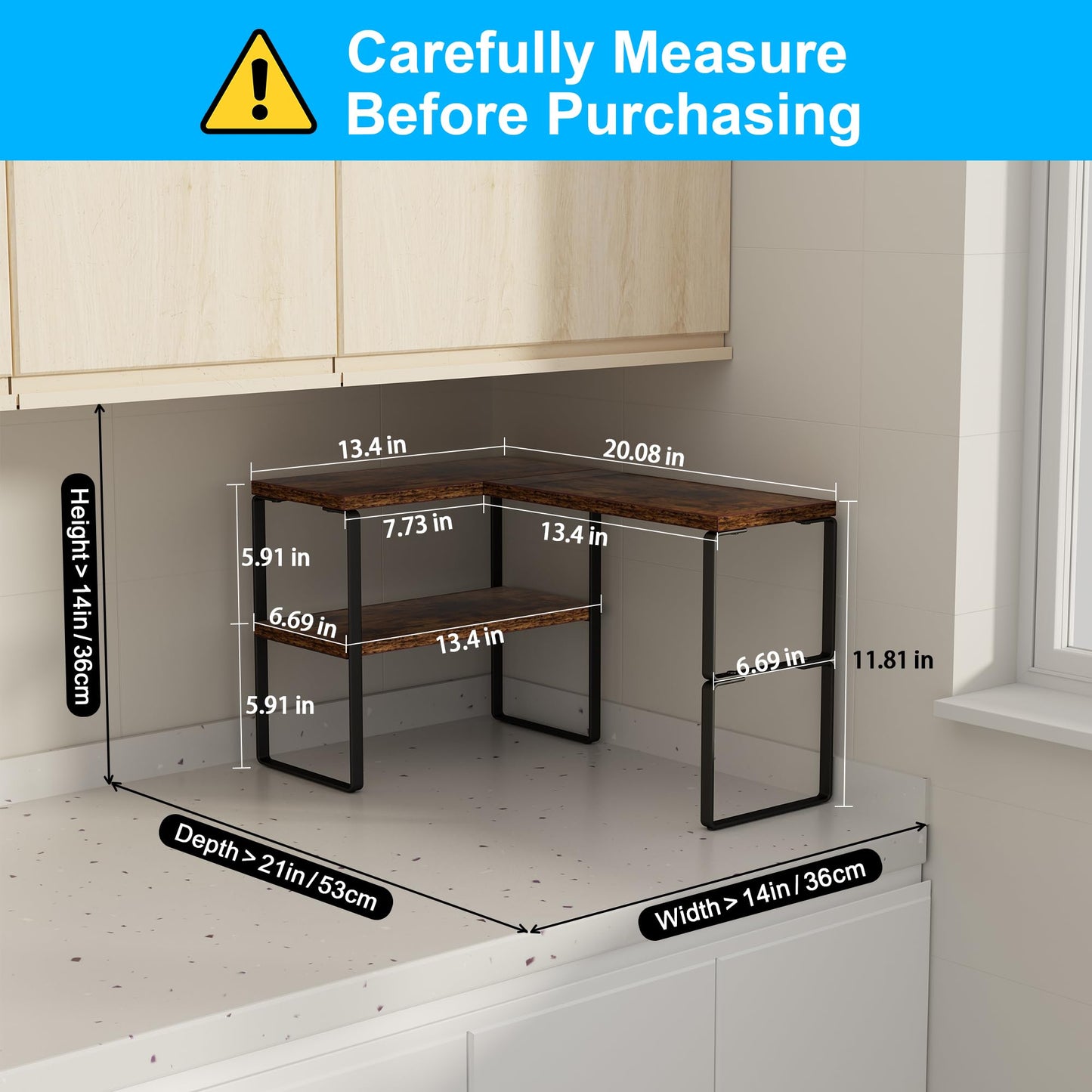 Golener Countertop Organizer Corner Shelf, 2-Tier Adjustable Stackable Corner Shelves for Kitchen, Spice Rack, Coffee Area, Over Sink, Bathroom, Dresser Table, Corner Counter Shelf Stand, Rustic Brown
