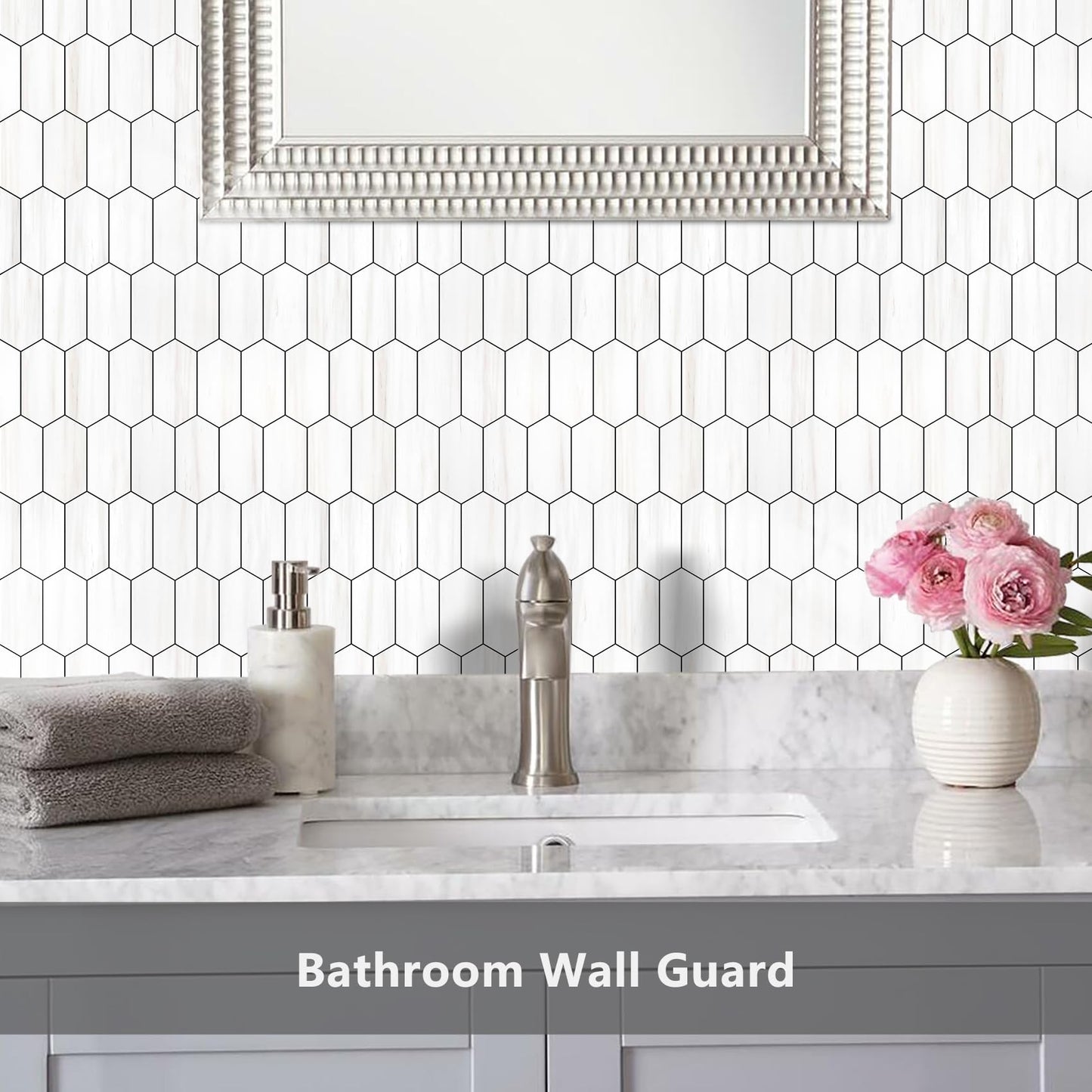 Vamos Tile Long Hexagon Peel and Stick Backsplash Tile - 10 Sheets Stick on Backsplash for Kitchen and Bathroom 12.4 x 12 Inch Dolomite Marble Look PVC Self Adhesive Mosaic Wall Tiles