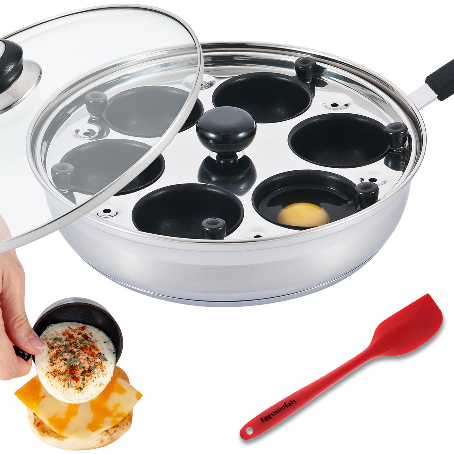 Eggssentials Egg Poacher Pan Nonstick Poached Egg Maker, Stainless Steel Egg Poaching Pan, Poached Eggs Cooker Food Grade Safe PFOA Free with Spatula, Egg Poachers Cookware