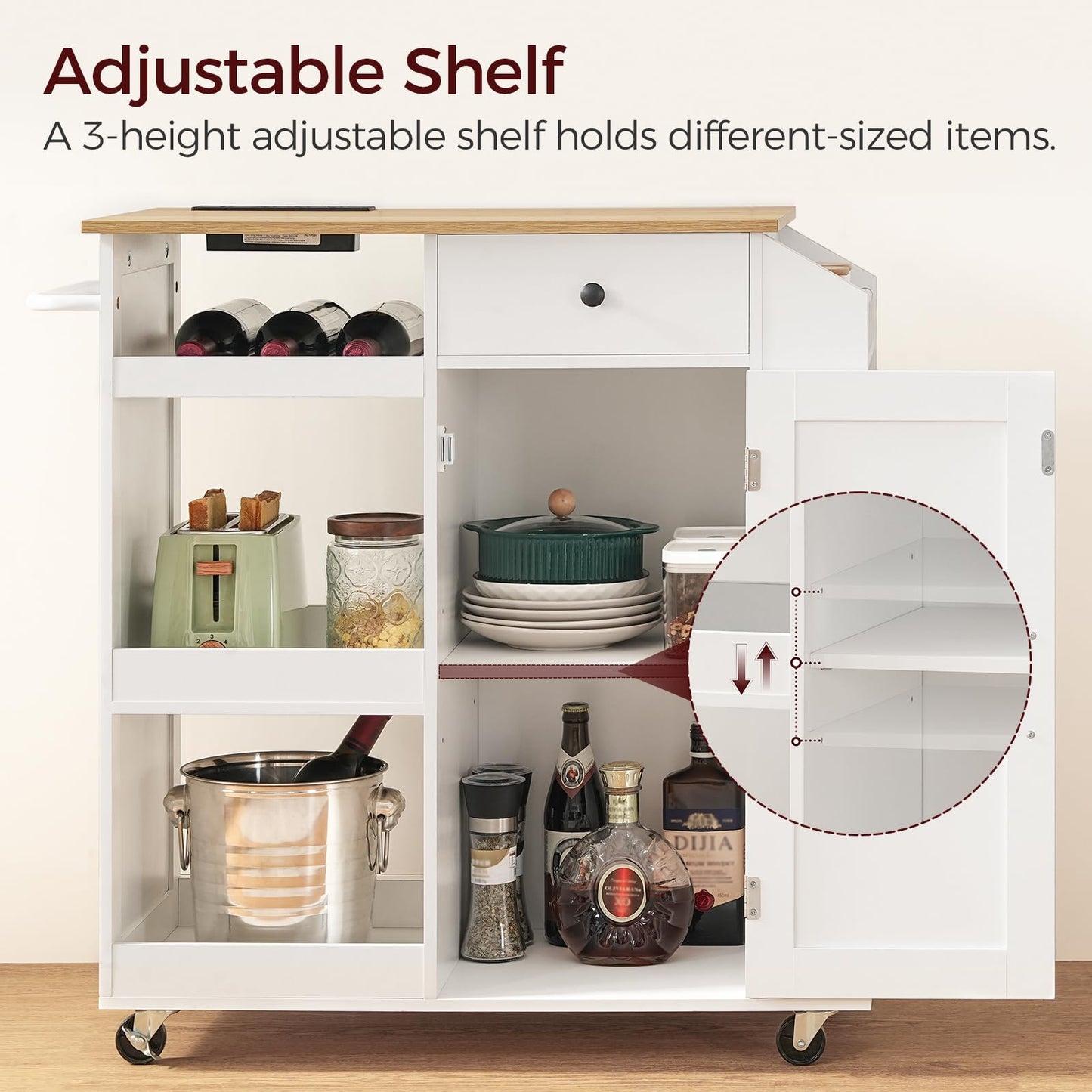 MAHANCRIS Kitchen Island with Power Outlet, Kitchen Storage Island with Drawer, Rolling Kitchen Cart on Wheels, Spice Rack, Towel Rack, Wine Rack, for Dining Room, White and Natural KINW122E01N1