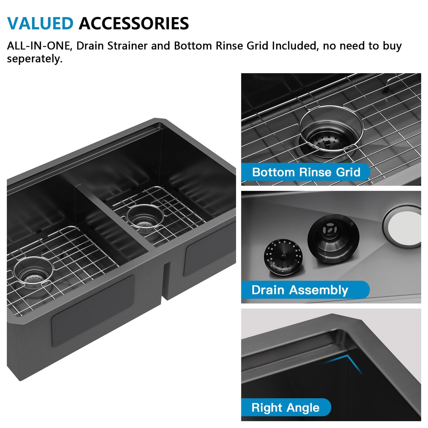 Fulorni 33"x19" Undermount Double Bowl Kitchen Sink Workstation - Gunmetal Black NANO-PVD, 16 Gauge 304 Stainless Steel, Under Counter Low Divide 60/40 Split Basin for Kitchen