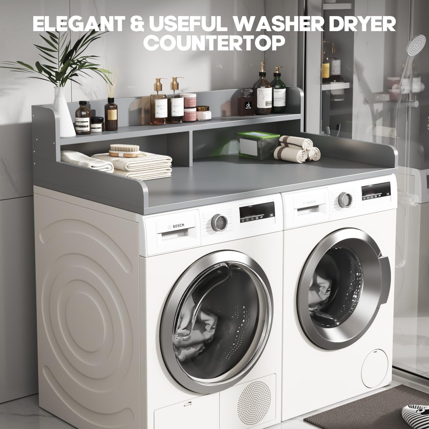 BigPonPon 2-Tier Washer and Dryer Countertop with 2.75" H Guard,54" W x 27.5" D Laundry Countertop Cover with Non-Slip Pad,Large Space Laundry Topper for Folding Clothes Over Washer and Dryer-Gray