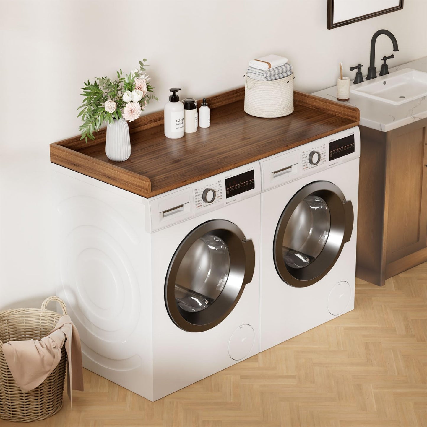 Cozivolife Washer Dryer Countertop, Laundry Topper with Edge Rails, 54" x 27.5" Bamboo Folding Station & Waterproof Surface, 220 lb Load Capacity for Laundry Room Organization(Walnut)