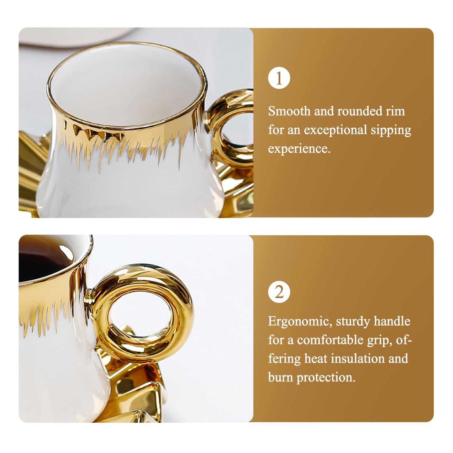 Kytree 3.5oz Ceramic Turkish Coffee Cup Set of 6, Porcelain Espresso Cups and Saucers British Italian Cappuccino Cups with Gold Trim for Double Espresso Cappuccino Latte Mocha Tea (White)