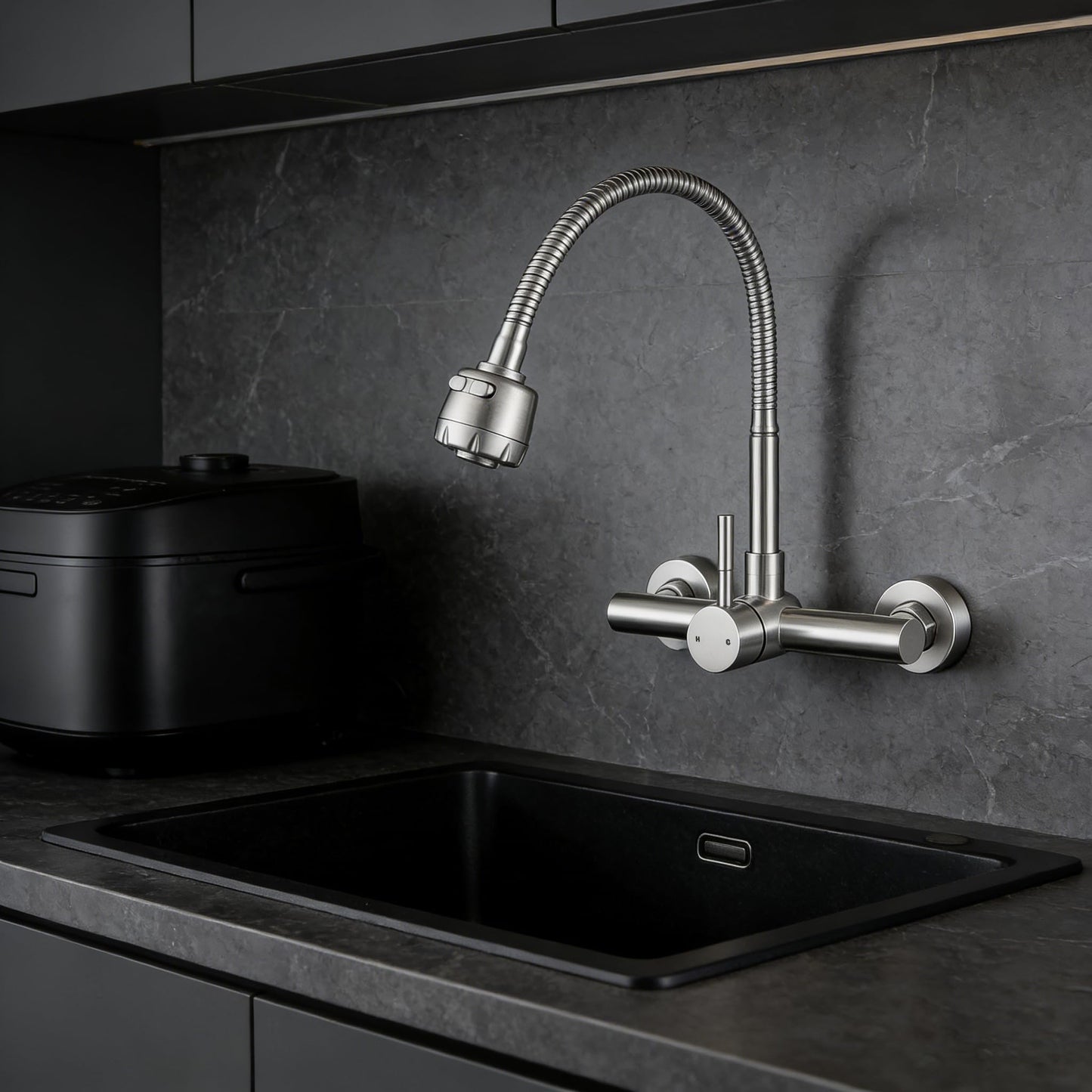 ZHYICH Wall Mount Kitchen Sink Faucet 8 Inch Center with Flexible Sprayer,Stainless Steel Mixer Tap with Dual Function Sprayer,Nickel Brushed Unility Sink Faucet