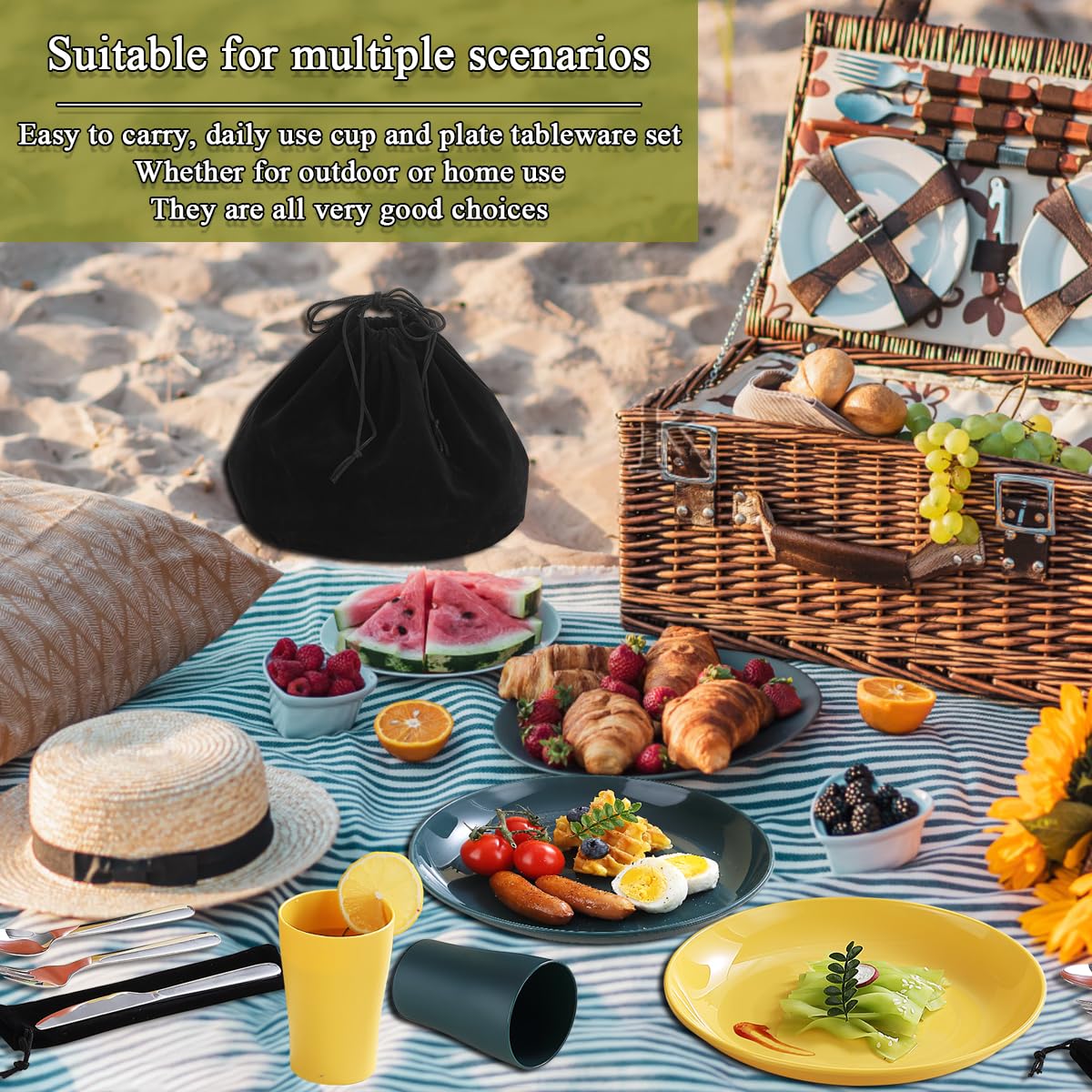 Evanda Camping Cutlery Set 10 Piece, Reusable Light Weight Mug, Plate and Stainless Steel Cutlery Set with Black Bag, for Camping 2 Person, Dishwasher Safe