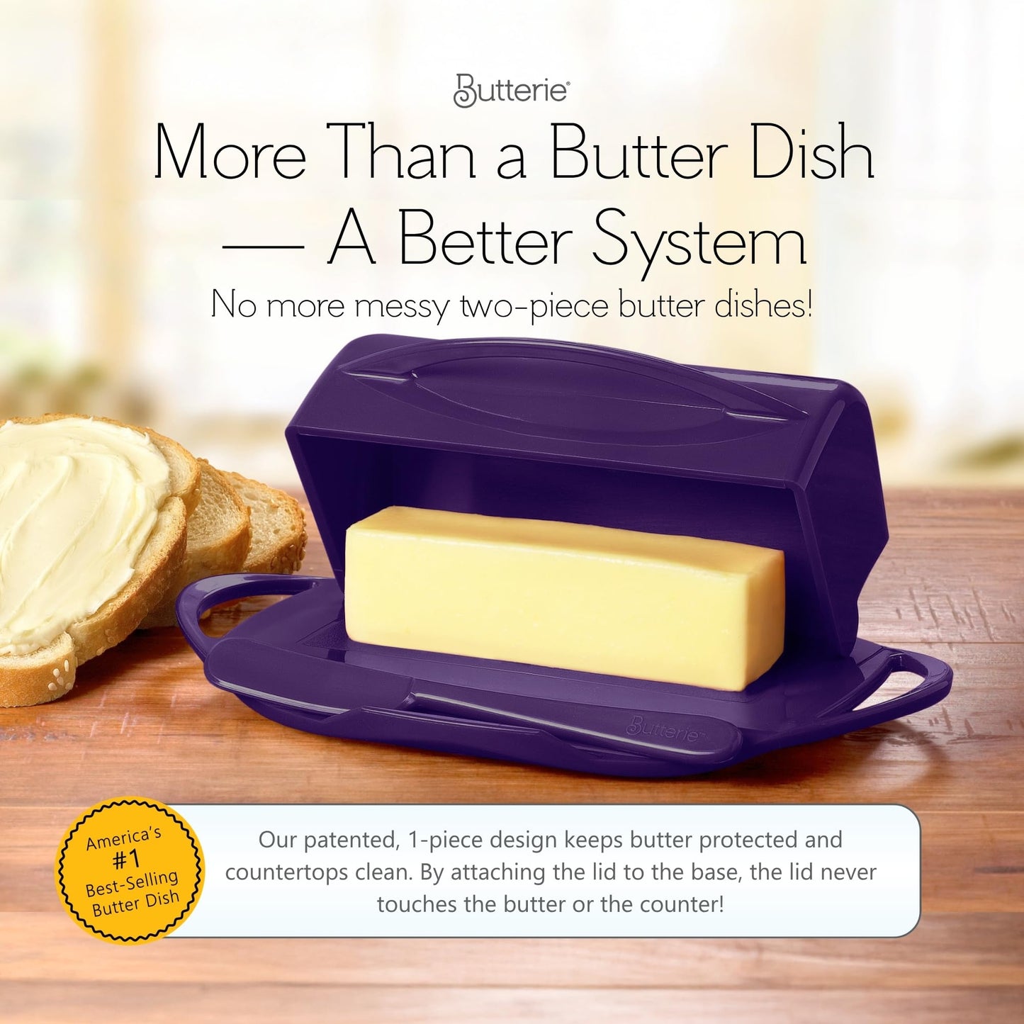 Butterie Flip Top Butter Dish with Attached Lid & Matching Knife - Holds 2 Sticks, Fits Kerrygold/European Butter - BPA Free & Dishwasher Safe - Purple