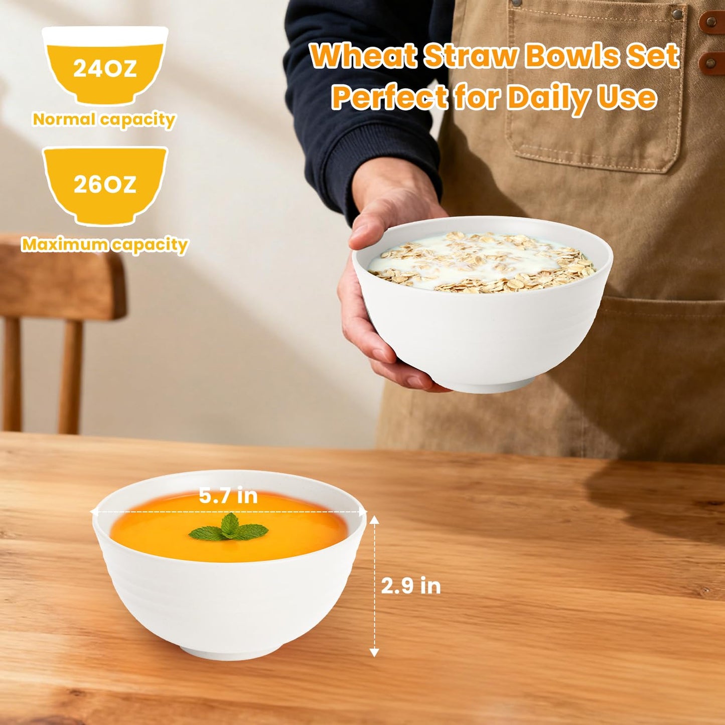 Homienly Wheat Straw Cereal Bowls Plastic Bowls Alternatives 26 OZ Unbreakable Soup Bowls for Kitchen, Outdoor, RV Microwave and Dishwasher Safe Bowl Set of 6, Reusable (White)