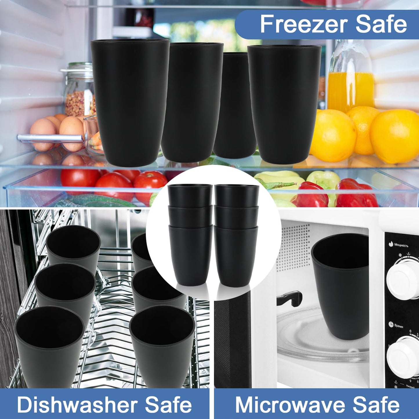 BUSOKIP 20 OZ Wheat Straw Cups SetS of 6, Unbreakable Drinking Cup, Alternative to Plastic Cups Reusable, Microwave & Dishwasher Safe Big Cup, Large Drinking Glasses for Kitchen, Party (Black)