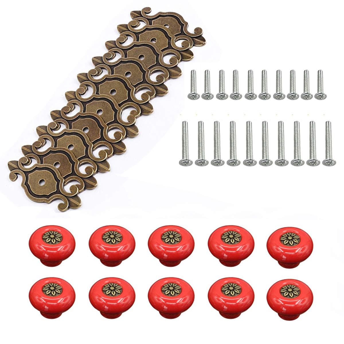 HUAMULAN 10 Pack Retro Ceramic Pulls,Vintage Dresser Kitchen Petal Cabinet Knobs Zinc Alloy Base Back Plate Kid Cupboard Wardrobe Drawer Door Handles,Bronze+Red