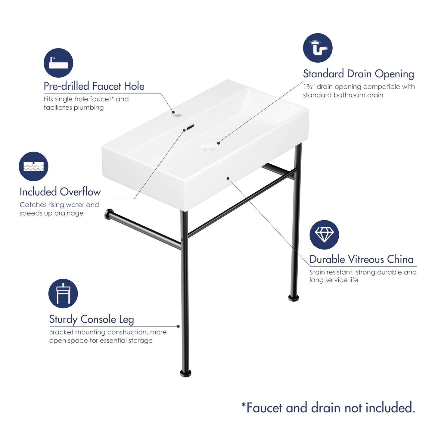 Eridanus 30"x16" Console Bathroom Sink, Free Standing 30 Inch Bracket Stainless Steel Support Pedestal Legs, Wall Mount Vessel Ceramic Vanity Basin, Modern Rectangular Sinks Porcelain, Matte Black
