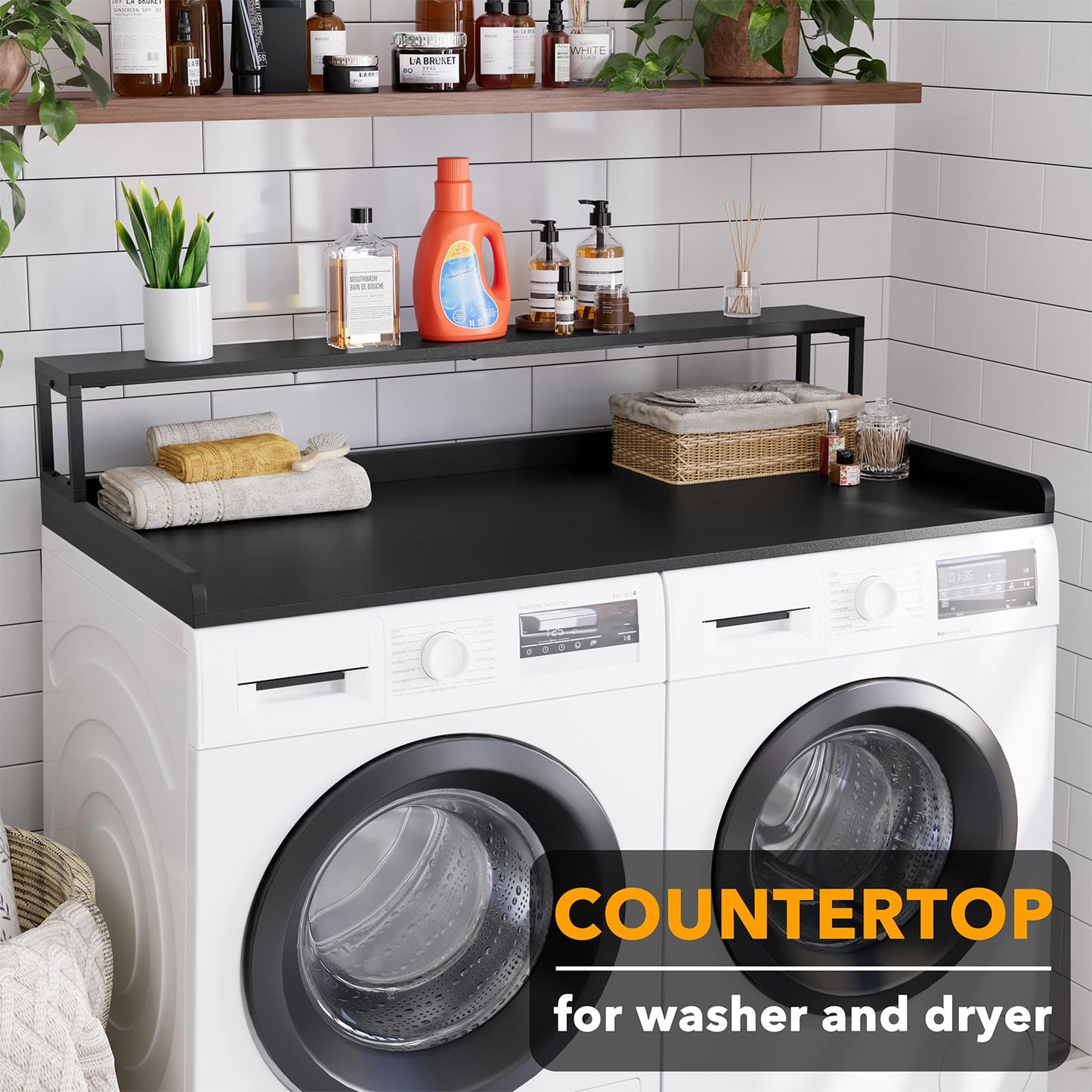 SpaceAid 2-Tier Washer Dryer Countertop, Laundry Topper with Rack Shelf 54" Width x 27.5" Depth x 10" Height Organizer Cover for Washer and Dryer Laundry Hamper Counter Storage (Black)