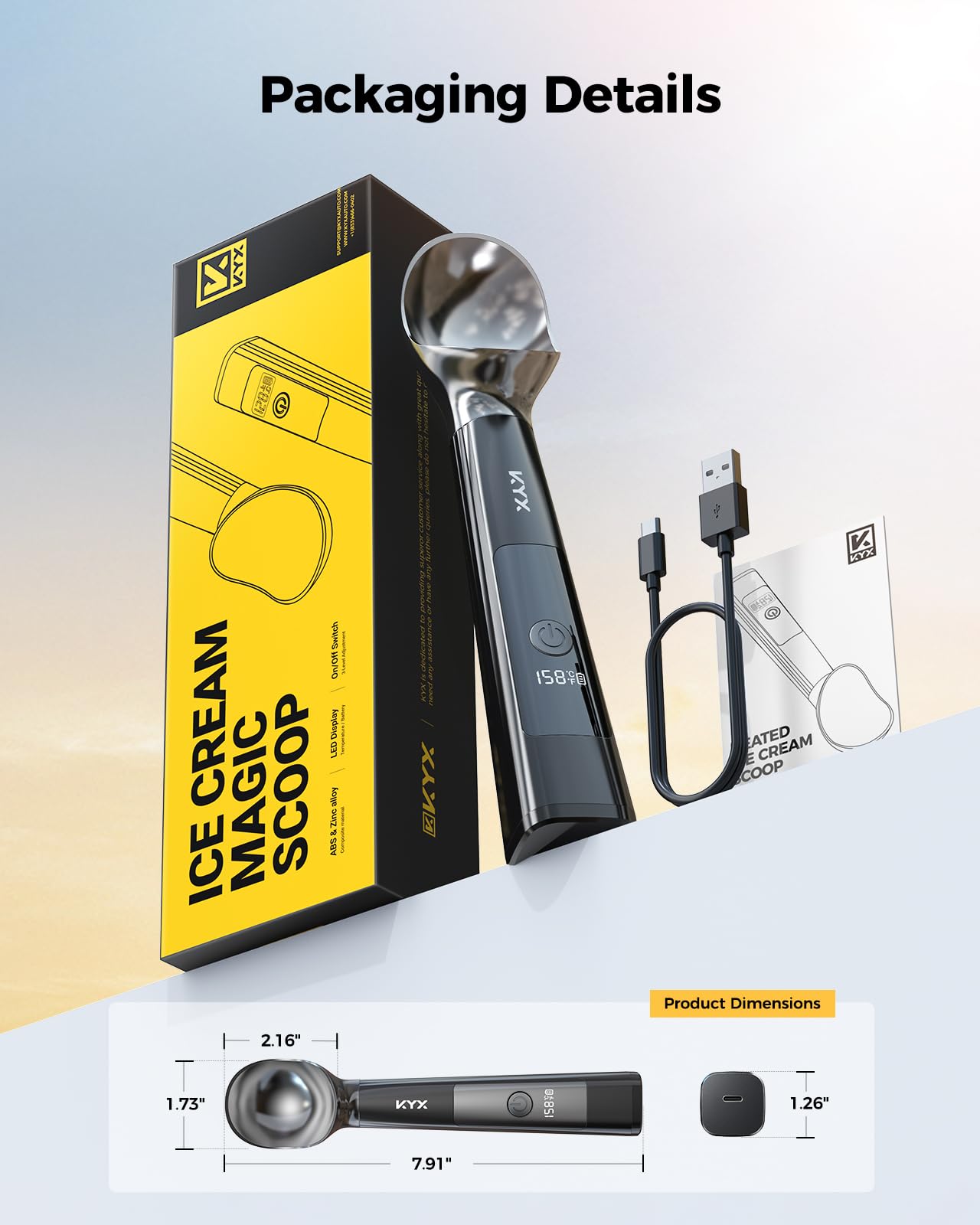 KYX Heated Ice Cream Scoop, with USB-C Charging, 3 Temperature Settings, Food-Grade Zinc Alloy, IPX6 Waterproof & Auto Shut-Off, Ideal for Scooping Hard Ice Cream, Gelato & Frozen Desserts