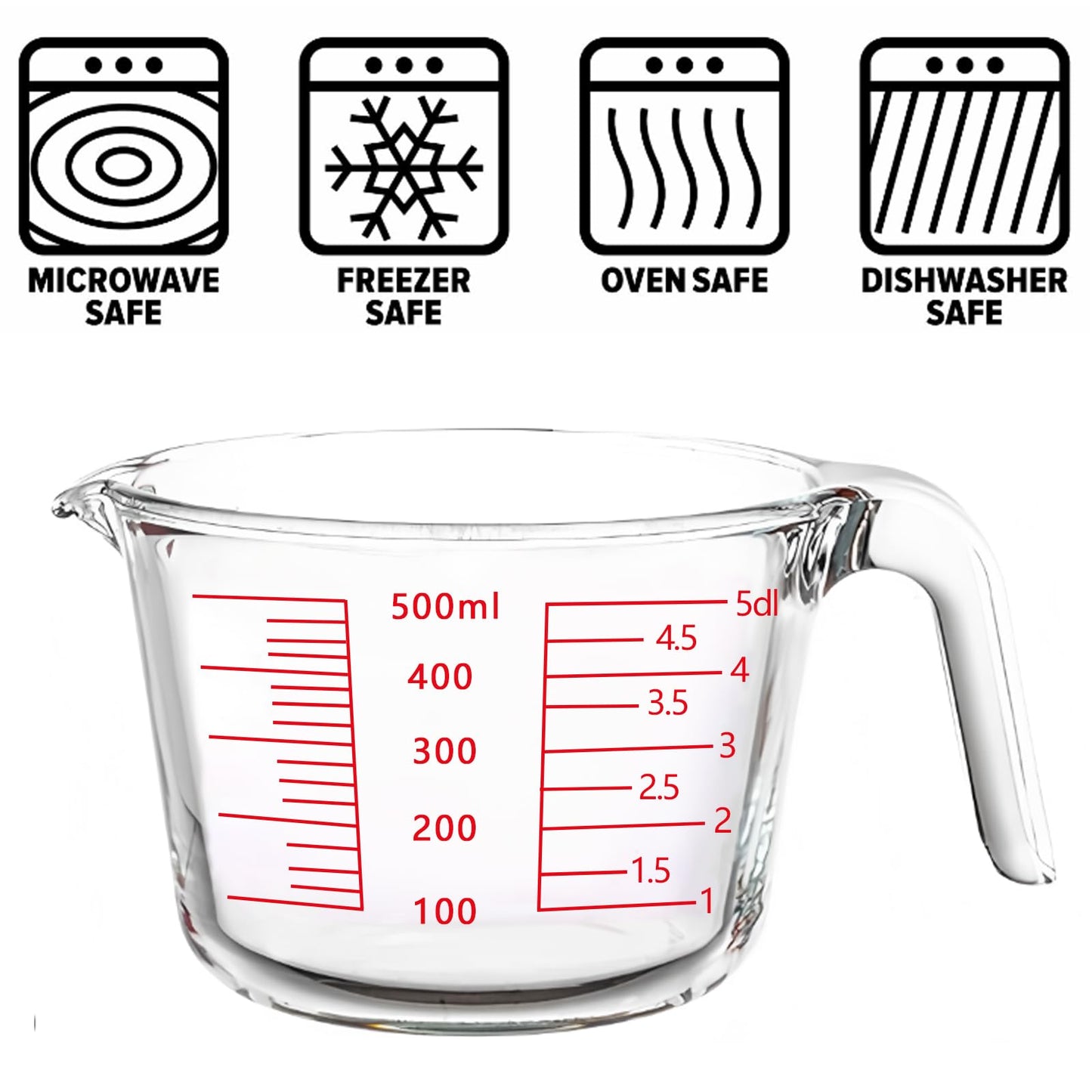 2-Cups Glass Measuring Cups with Lids Set, Measuring Jugs with Handle Liquid Measuring Cups Kitchen Mixing Bowl, Microwave, Oven, and Dishwasher Safe