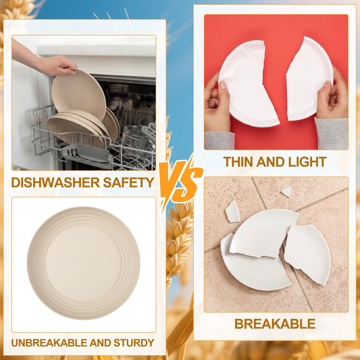 Ferrochef 16 Pcs Wheat Straw Plates Set 10 Inch and 8 Inch Plastic Plates Reusable Unbreakable Dinner Plate Dishwasher Microwave Safe Lightweight Plate for Home Kitchen Camping