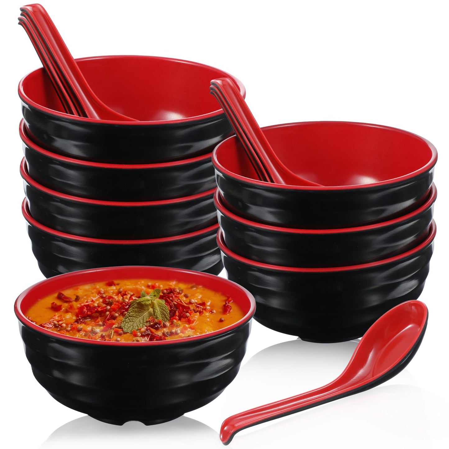 wutfuooo 8 Pack Melamine Noodle Soup Bowls, 32OZ Large Japanese Ramen Bowl Set with Spoon, Unbreakable Miso Soup Cereal Bowls for Ramen, Udon, Soba, Pho and Soup