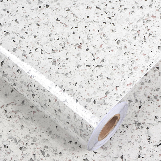 A-b-cil Gray White Granite Contact Paper 400" X 16" Terrazzo Wallpaper Peel and Stick Countertops Self Adhesive Waterproof Vinyl Film for Kitchen Counters Bathroom Counters Wall Paper