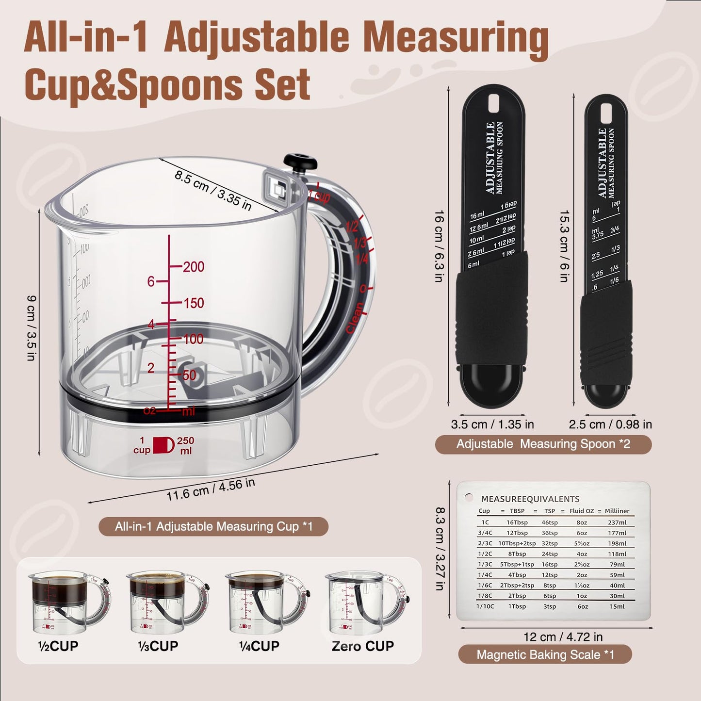 Saysurey 4 In1 Adjustable Measuring Cup Set Multi with Scraper Style Seal Base Adjustable Measuring Spoon Measurement Conversion Chart Space Saving Easy to Clean for Baking Cooking