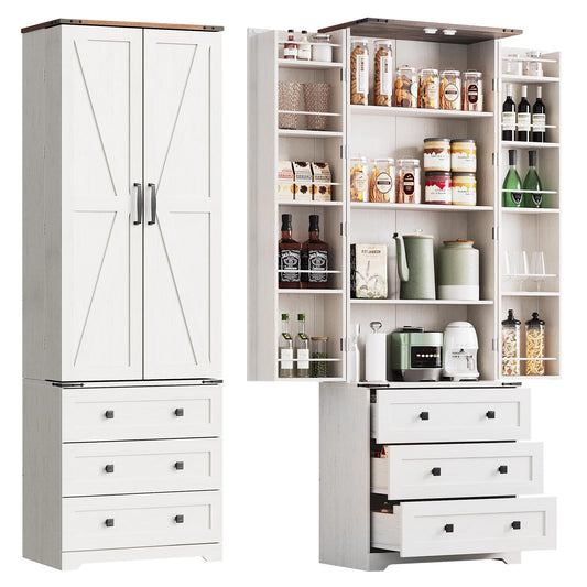 72'' Tall Kitchen Pantry Cabinet, Freestanding Tall Cupboard Storage Cabinet with 2 Barn Doors & 3 Drawers, Adjustable Shelves, Large Farmhouse Pantries for Living Room, Dining Room
