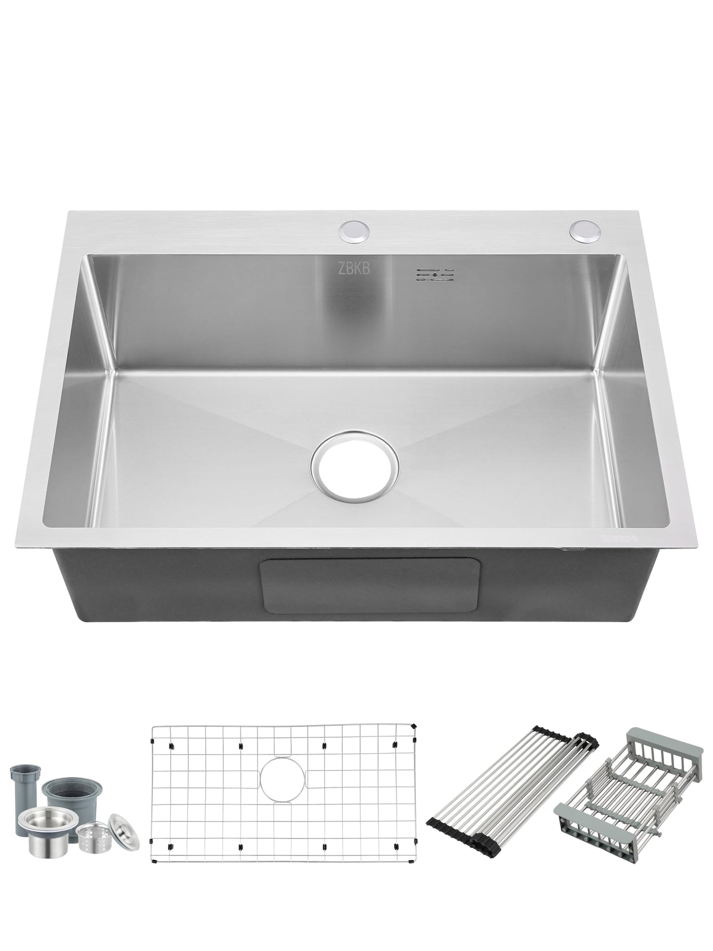 ZBKB 28 Inch Drop in Kitchen Sink with Overflow, 16 Gauge Stainless Steel Single Bowl Topmount Kitchen Sink, 9 Inch Deep Sink with Dish Grid, Roll Drainer and Basket Strainer