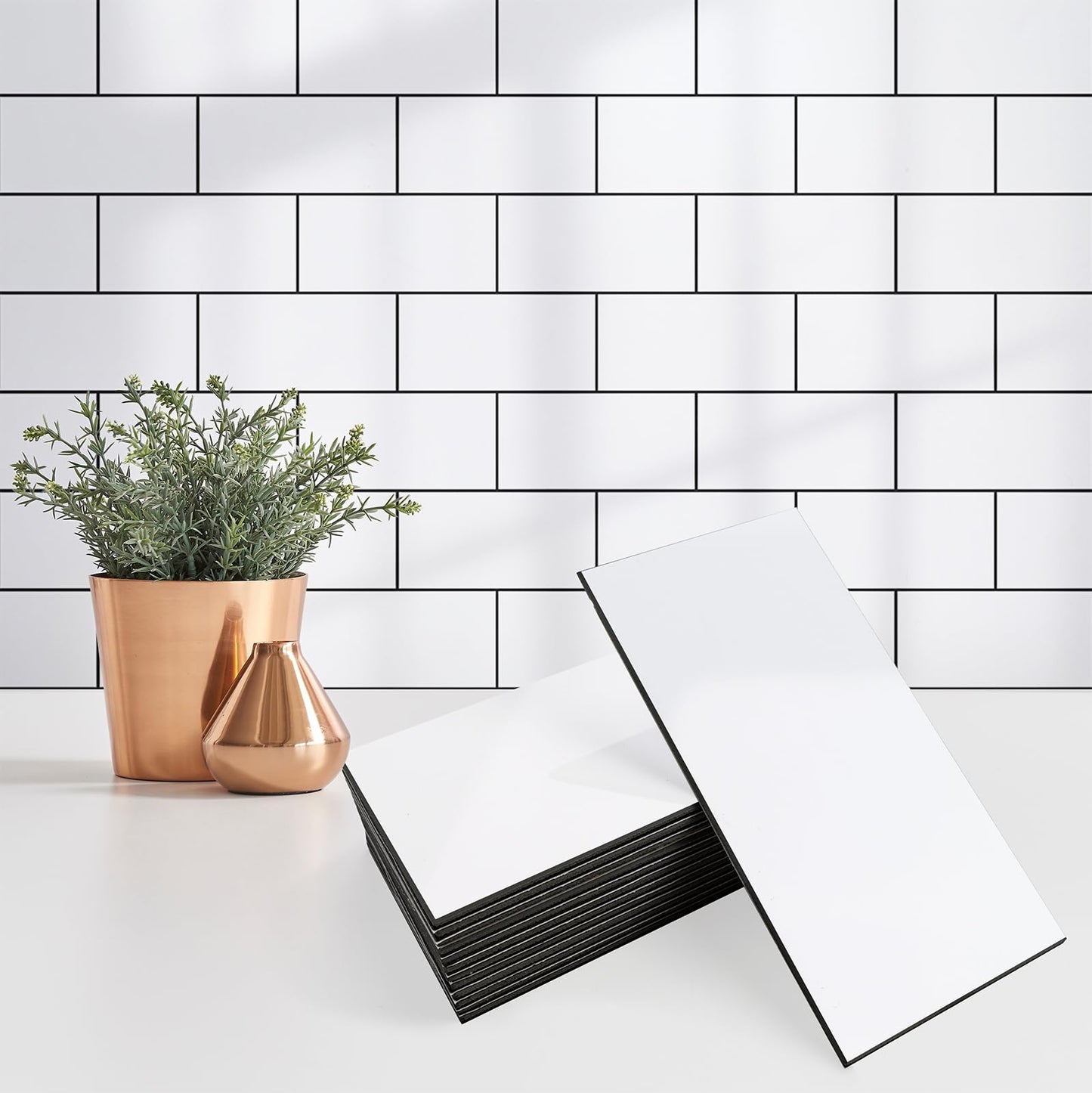 StyloVue Peel and Stick Backsplash Tile, 100-Piece 3" x 6" PVC Subway Tile, Glossy White Self Adhesive Wall Tiles with Dark Gray Grout for Kitchen, Bathroom, Fireplace, RV