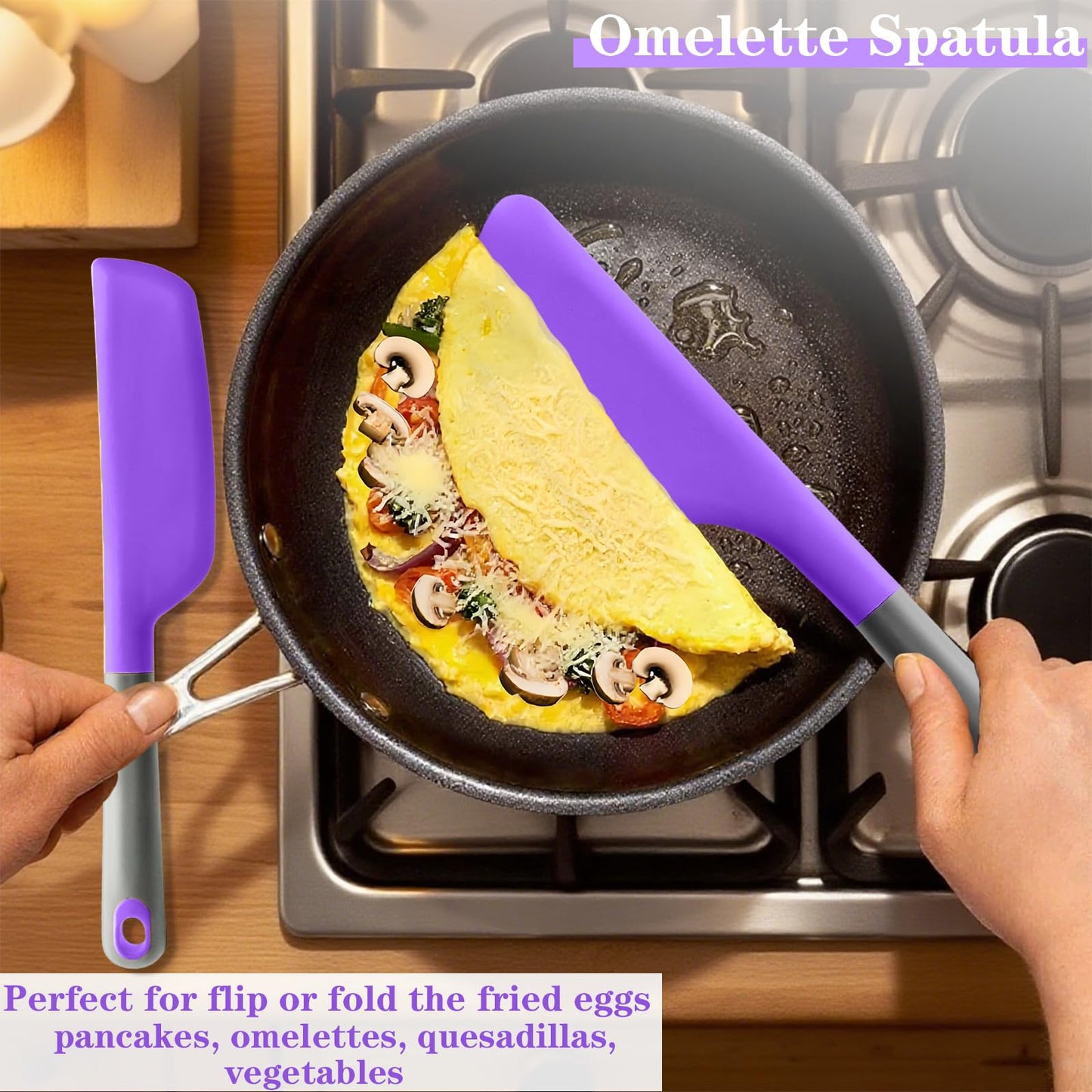 Wide Omelette Spatula, Silicone Spatula Flipper, Heat Resistant Omelette Turner for Kitchen Omelet Pancake Crepes, Purple