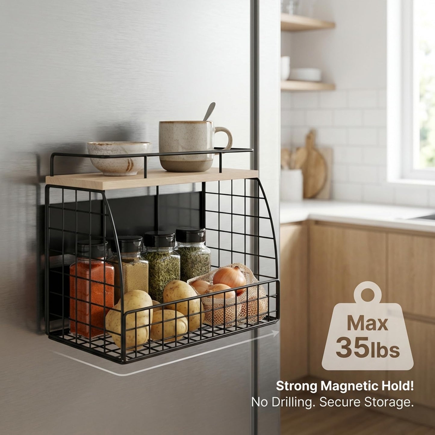 REFGY Magnetic Shelf for Fridge - 35LBS Max Load Magnetic Basket for Refrigerator Side, Large Magnetic Spice Rack with Removable Hooks & Top Natural Texture Board.