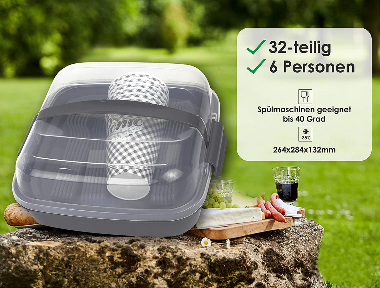 Tribello Camping Picnic Dishes Set with Case, 32 Plastic Reusable Cutlery - BPA Free, Microwave / Dishwasher Safe