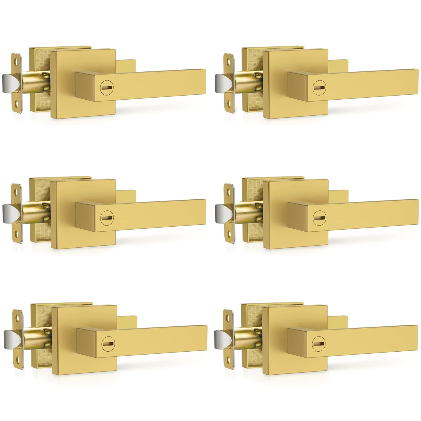 Plustool 6 Pack Brushed Gold Door Handles, Interior Door Knob Heavy Duty, Flat Square Privacy Door Locks, Keyless Door Leverset for Bedroom and Bathroom