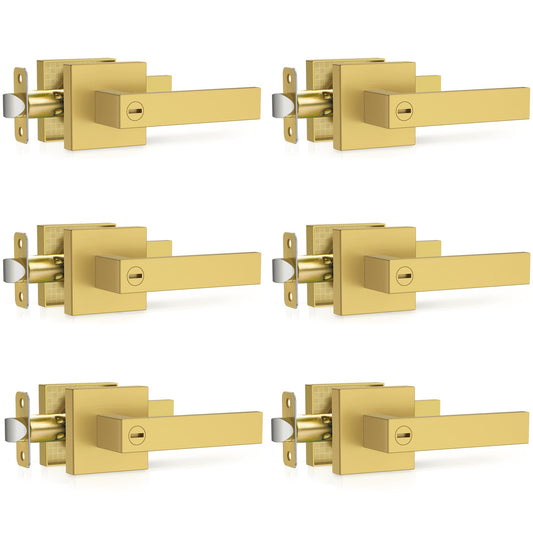 Plustool 6 Pack Brushed Gold Door Handles, Interior Door Knob Heavy Duty, Flat Square Privacy Door Locks, Keyless Door Leverset for Bedroom and Bathroom