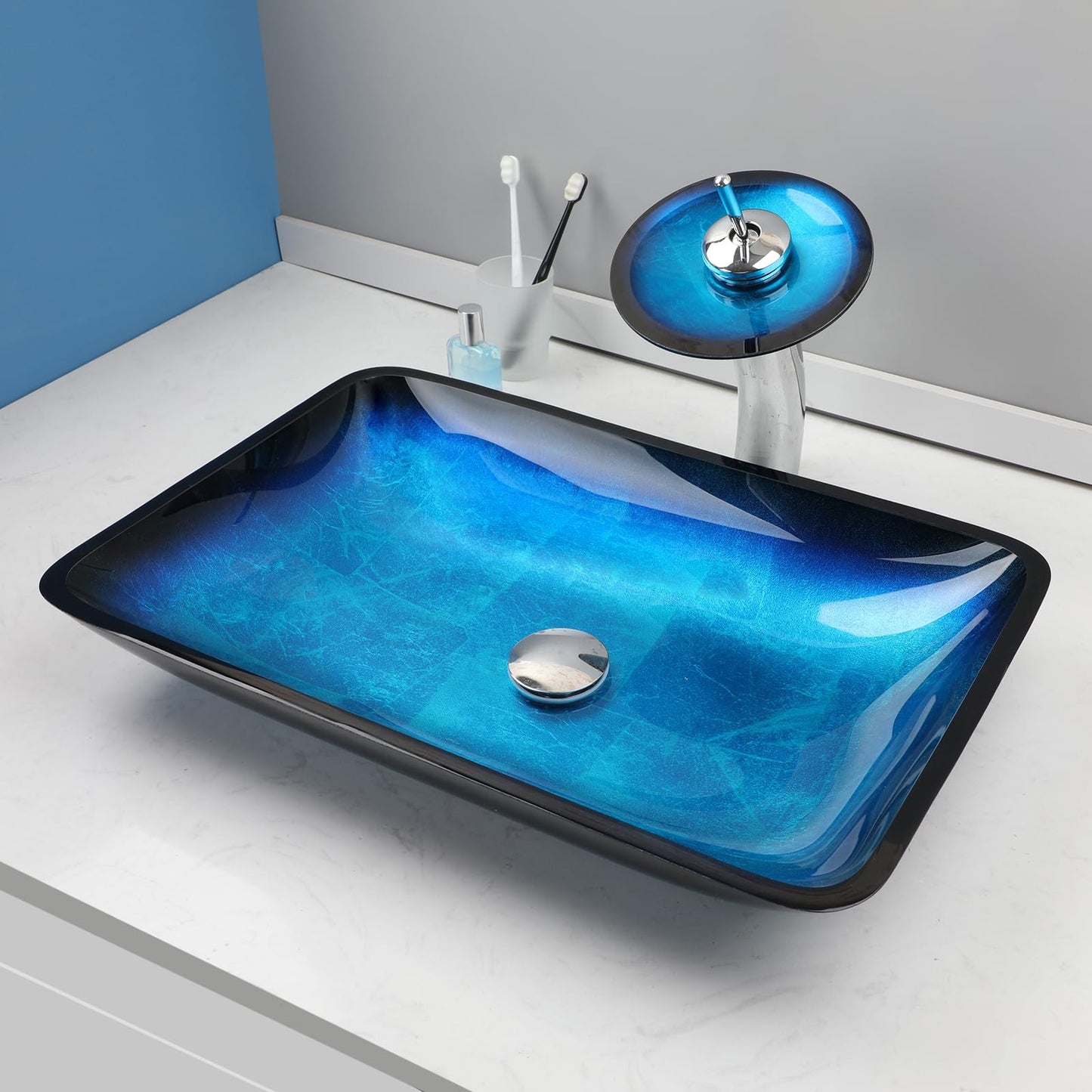 Washly 22" Blue Bathroom Vessel Sink,Rectangle Tempered Glass Washing Sink Bowl with Faucet And Drain, Artistic Bowl Sinks for Bathroom