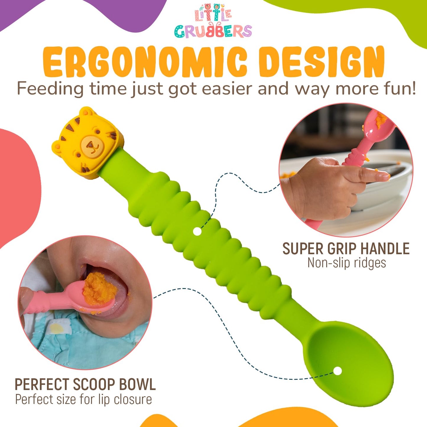 Little Grubbers 3-in-1 Silicone Baby Spoon Self Feeding 6+ Months - Pediatric OT Designed Teether Spoon, BPA Free Infant Toddler Utensils, Mess-Free, Fun for Baby Led Weaning Supplies - 4 Pack