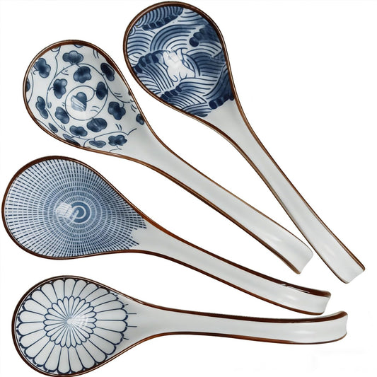 4 PCS Ceramic Soup Spoons, Asian Soup Spoon Chinese Spoon Long Handle Ramen Spoon,Ceramic Spoon Japanese Spoons for Soup Wonton Dumpling Rice Pho Noodle Miso Soup Spoons-Set of 4