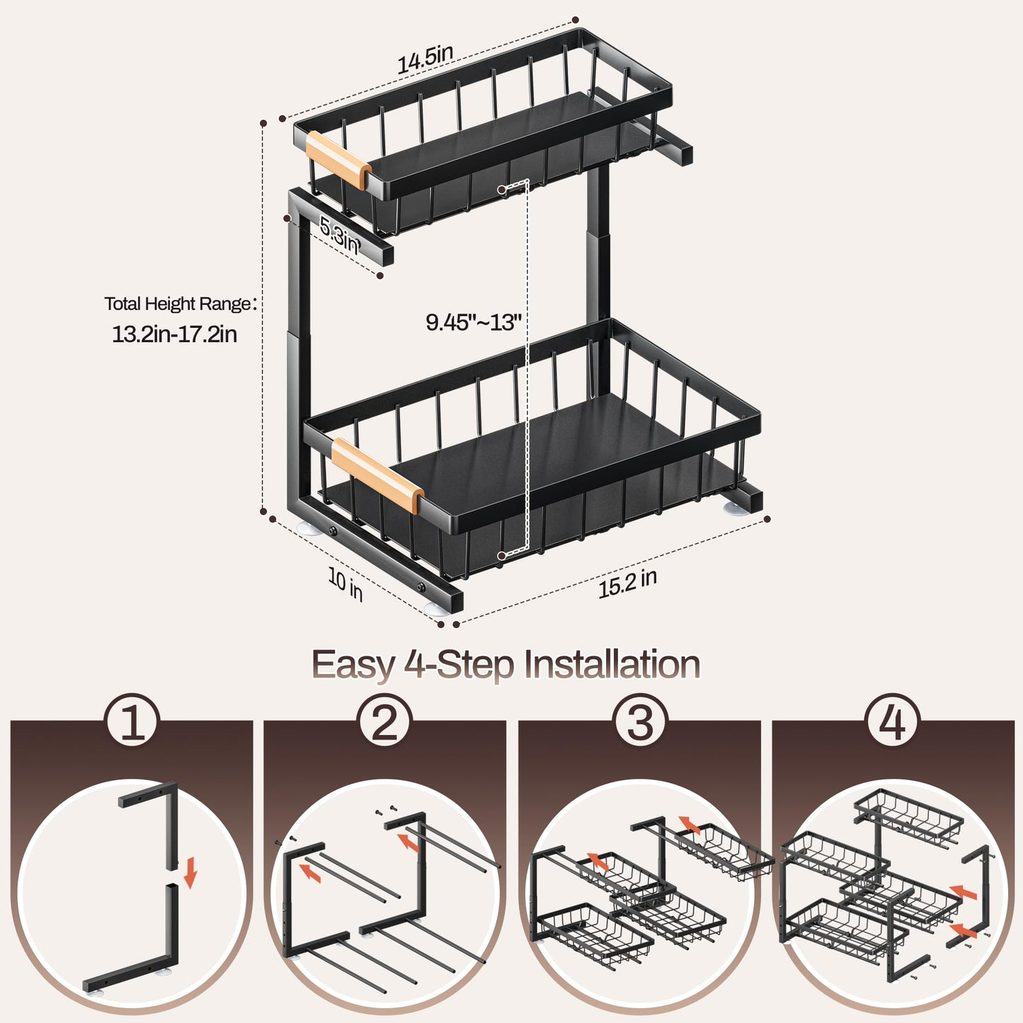 ADBIU Under Sink Organizer, 2 Pack 2 Tier Expandable Height (13.2" - 17.2") Pull Out Kitchen Bathroom Cabinet Organizers and Storage Shelf